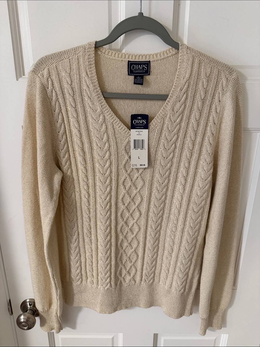 NWT Chaps Classics Metallic Shimmer
Cable Knit V-Neck Sweater Cream Large